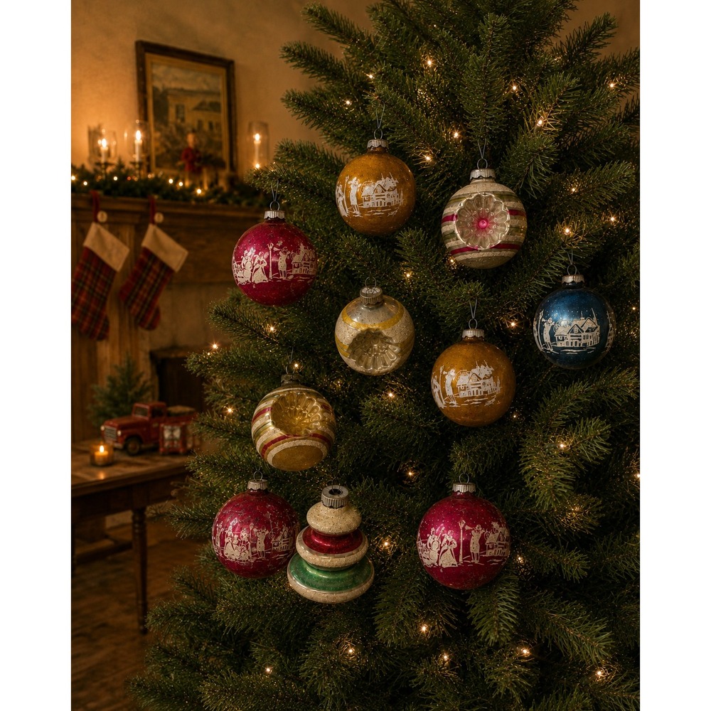 Vintage Shiny Brite Glass Christmas Ornaments 8pc MCM USA Original Box